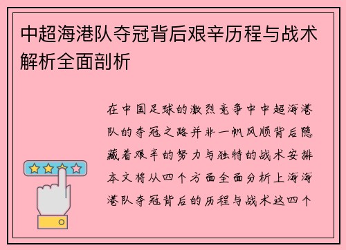 中超海港队夺冠背后艰辛历程与战术解析全面剖析