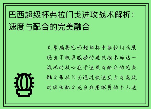 巴西超级杯弗拉门戈进攻战术解析：速度与配合的完美融合