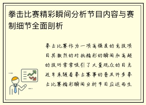 拳击比赛精彩瞬间分析节目内容与赛制细节全面剖析
