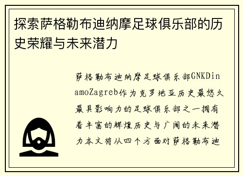 探索萨格勒布迪纳摩足球俱乐部的历史荣耀与未来潜力