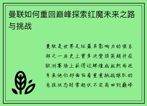 曼联如何重回巅峰探索红魔未来之路与挑战 曼联如何重回巅峰探索红魔未来之路与挑战